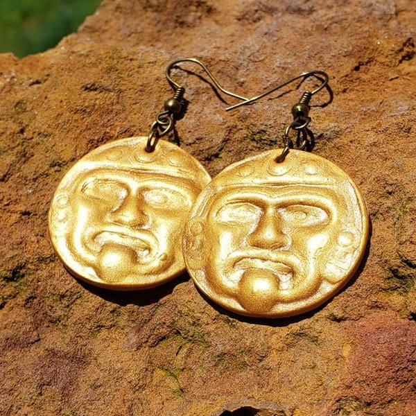 Mayan sun god Earrings, ancient civilization earrings, Aztec earrings, Sculptural Earrings, Celestial Earrings, Mexico earrings