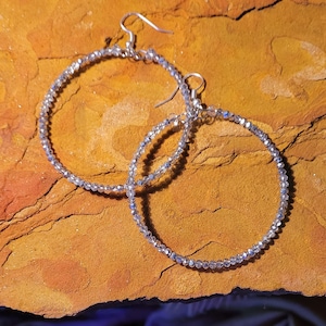 silver glass beaded Earrings, silver hoop Earrings, Crystal bead hoop Earrings, Hoop Earrings for bridesmaid, extra sparkle hoop