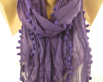 Pom Pom Scarf Purple Scarf Shawl Cowl Scarf Gift for Mom Winter Fashion Accessories Gift Valentines Gift For Women Gift For Her DERINS
