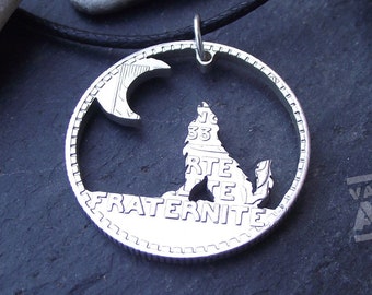 HOWLING WOLF and the MOON necklace, hand carved in a 1933 silver French 10 Franc piece, Recycled Coin Art, (0.650 silver)