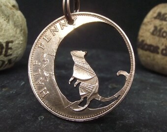RAT and THE MOON necklace, hand carved from a genuine British half penny coin. Artisan mouse jewellery