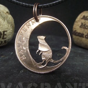 RAT and THE MOON necklace, hand carved from a genuine British half penny coin. Artisan mouse jewellery