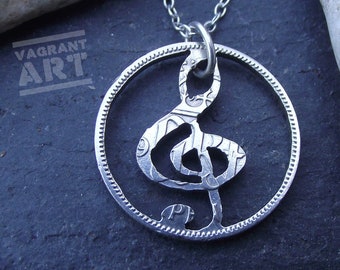 Hand cut treble clef necklace (0.500 silver), lucky silver sixpence, quirky gift for a music lover