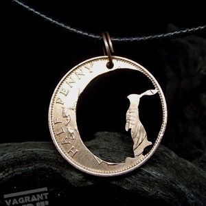 Collar de Liebre y Luna, medio penique de bronce vintage cortado a mano, joyería de conejo