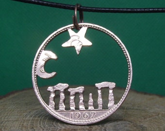 Stonehenge necklace, cut by hand from a 1967 bronze penny, pagan, druid, celtic inspired jewellery