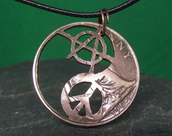 Yin Yang necklace pendant with Anarchy and Peace symbols. Hand crafted from a vintage bronze coin.