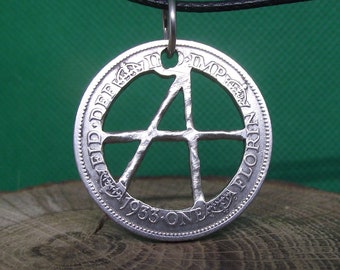 Anarchy Punk necklace, Rebel jewellery hand cut from a vintage silver florin coin