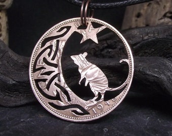 Celtic Rat in the moon necklace, hand cut vintage bronze penny