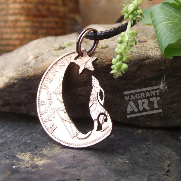 MOON GAZING HARE necklace, hand carved from a genuine British half penny, vintage bronze coin, handcrafted anniversary gift.