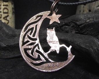Celtic Owl in the moon necklace, hand cut vintage bronze penny