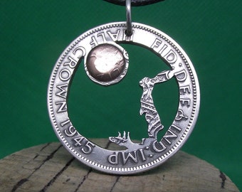 Hare and the Moon necklace, hand cut from a silver and a bronze coin