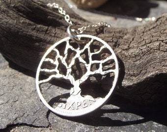 TREE OF LIFE necklace, hand cut in a pre 1947 British silver sixpence coin (0.500 silver), quirky jewellery