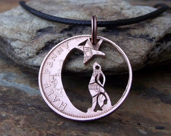 MOON GAZING HARE necklace, hand crafted from a genuine British half penny coin, vintage bronze rabbit pendant, pagan jewellery