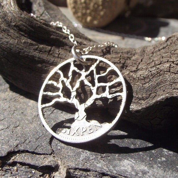TREE OF LIFE necklace, hand cut in a pre 1947 British silver sixpence coin (0.500 silver), quirky jewellery