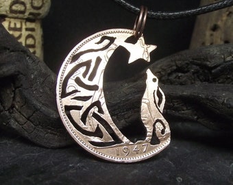 Celtic hare in the moon necklace, hand cut vintage bronze penny, pagan rabbit jewellery