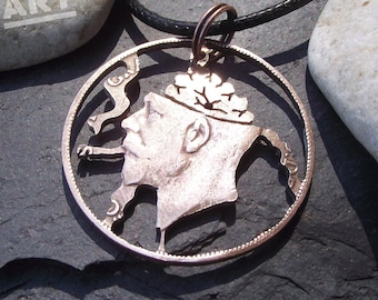 Smoking King hand cut coin necklace, recycled bronze