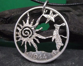 Hare and the Sun necklace, handcrafted from a genuine silver coin, pagan, druid, celtic inspired jewellery