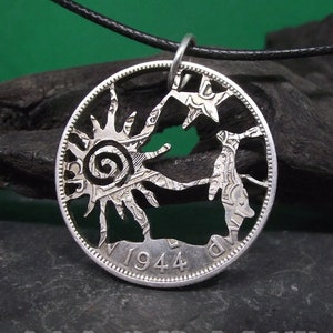 Hare and the Sun necklace, handcrafted from a genuine silver coin, pagan, druid, celtic inspired jewellery