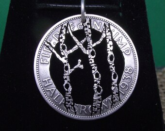 Birch forest necklace, hand cut in a genuine 1938 Half Crown coin (0500 silver), nature jewellery