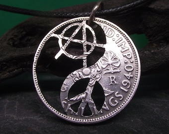 Anarchy and Peace Yin Yang necklace, Rebel jewellery hand cut from a vintage silver florin coin