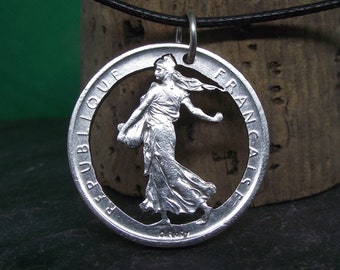 Marianne necklace, hand carved in a genuine silver French 5 Franc piece, Recycled Coin Art, (0.835 silver)