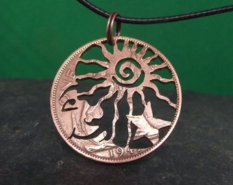 Moon, Sun and Star necklace, hand cut from a genuine British penny.