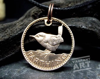 JENNY WREN Bird necklace, hand cut from a coin, recycled vintage farthing