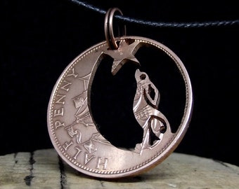 MOON GAZING HARE necklace, hand crafted from a genuine British half penny coin, vintage bronze rabbit pendant, pagan jewellery