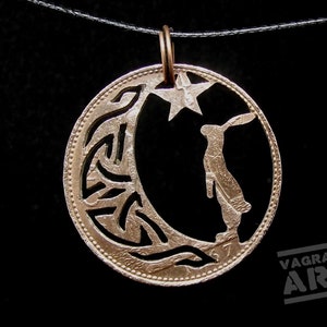 Celtic Hare Moon Necklace: Hand Cut Bronze Penny, Pagan Rabbit Jewelry