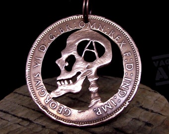 Anarchy Skull Necklace, hand cut coin art, recycled bronze penny, punk jewellery