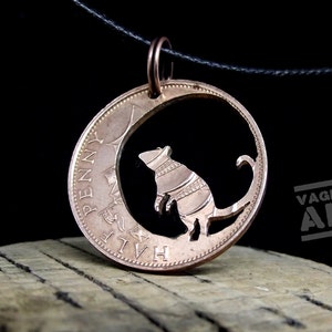 RAT and THE MOON necklace, hand carved from a genuine British half penny coin. Artisan mouse jewellery