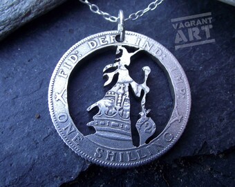 Witch necklace, hand cut from a genuine British silver shilling (0.500 silver)