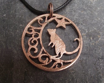 Rat in the Moon necklace, hand cut vintage bronze penny