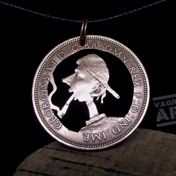 Smoking Necklace, hand cut coin art, recycled bronze penny, punk jewellery