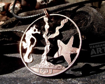 Seahorse necklace, intricately hand cut from a genuine British penny, ocean jewellery