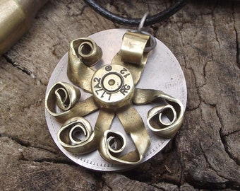 Abstract Flower Necklace, hand made from a spent bullet case and old coin