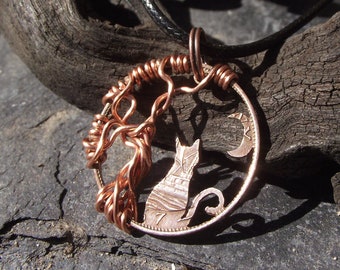 CAT BY MOONLIGHT necklace, hand carved from a genuine bronze half penny, handcrafted jewellery for a crazy cat lady