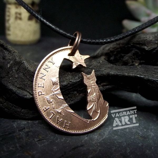 Collier chat et la lune, demi-sou en bronze vintage coupé à la main, bijoux chaton