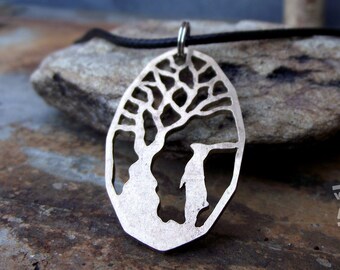 Celtic Hare and Tree of Life necklace, hand made from a recycled brass 3 pence coin (UK). Pagan, Druid inspired rabbit jewellery