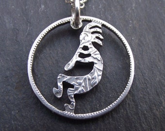 KOKOPELLI necklace, hand cut from a silver sixpence coin.