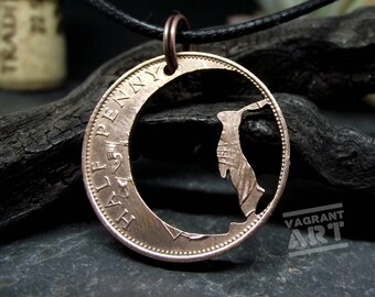 Hare and the Moon necklace, hand cut vintage bronze half penny, rabbit jewellery