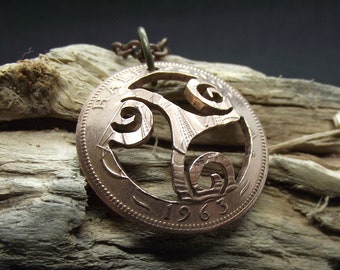 Triskele hand cut coin pendant, bronze half penny, celtic symbol, tribal symbol, festival wear, a unique recycled gift.