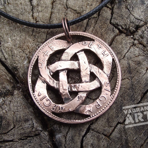Reclaimed Penny Celtic Knot necklace, hand cut and carved vintage British bronze coin