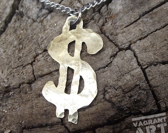 Dollar Sign necklace, hand cut from a spent bullet case, anti war jewellery, recycled brass.