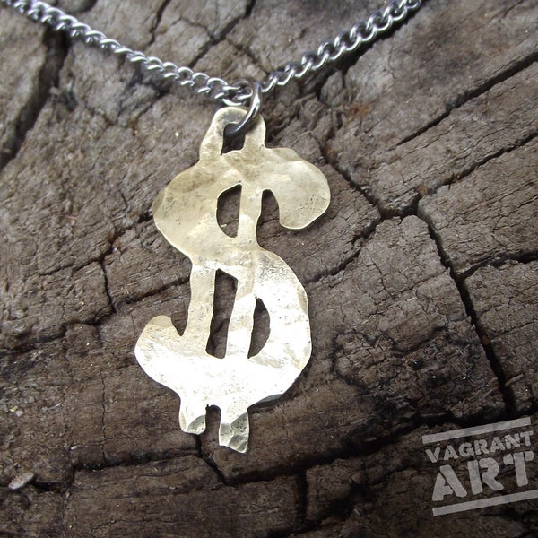 Dollar Sign necklace, hand cut from a spent bullet case, anti war jewellery, recycled brass.