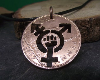 Trans Rights Solidarity necklace, hand cut from a vintage bronze penny