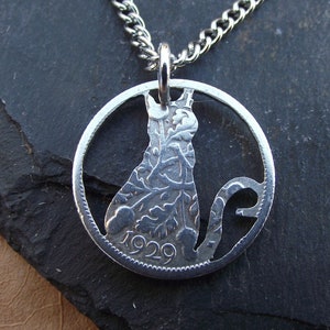 Cat Hand Cut Coin Necklace, 0.500 silver sixpence, a cute gift for a crazy cat lady,