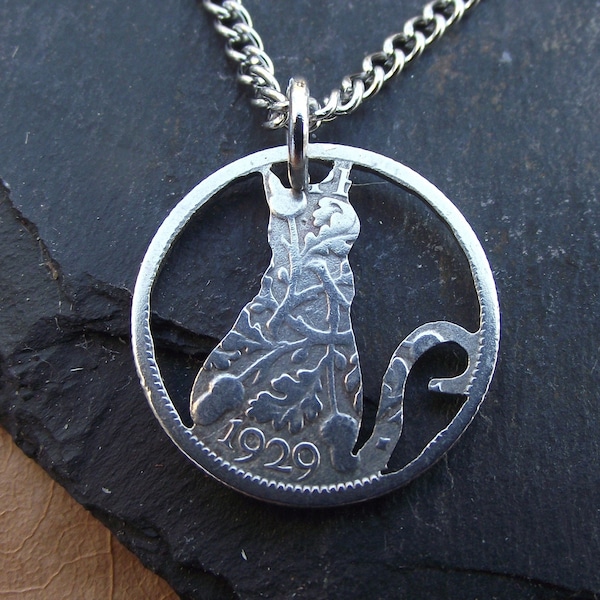 Cat Hand Cut Coin Necklace, 0.500 silver sixpence, a cute gift for a crazy cat lady,