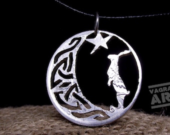Silver hare in the moon necklace with celtic detail, hand cut vintage 5 Franc coin, pagan rabbit jewellery