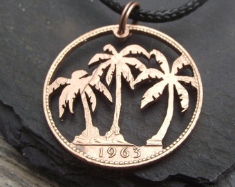 Desert Island hand cut penny necklace, recycled bronze coin, hand made to order, choice of years available.